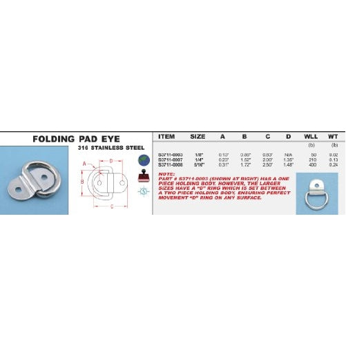 316 Stainless Steel Folding Pad Eye 1/4" (S3711-0007)