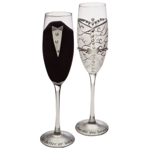 Cypress Home Hand-Painted 8 oz. Bride and Groom Wedding Champagne Toasting Flute Glasses, Set of 2 - Metallic Accents - 6.75”W x 4”D x 11”H