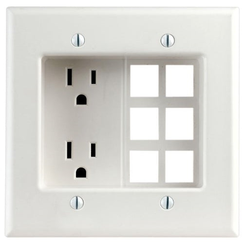 Leviton 690-W 15 Amp, 2-Gang Recessed Device with Duplex Receptacle and QuickPort Plate, Residential Grade, White