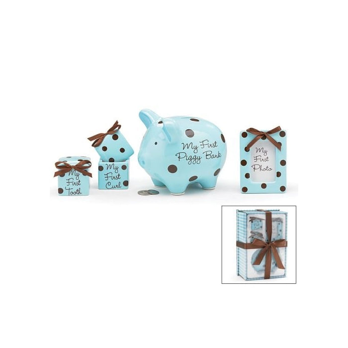 Baby Boy 4 Piece Keepsake Gift Set With Piggy Bank, First Tooth Box,First Curl Box and Photo Frame