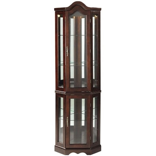 Southern Enterprises Lighted Corner Curio Cabinet, Mahogany Finish with Antique Hardware