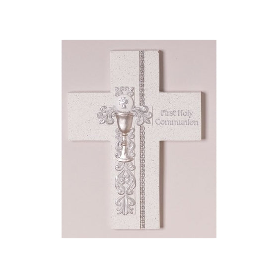 7.5" First Holy Communion Wall Cross with Silver Scroll Chalice Design