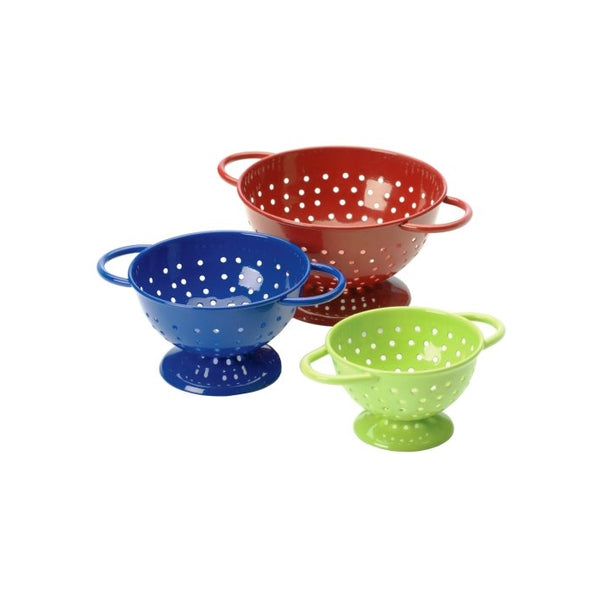 Prepworks by Progressive Powder-Coated Steel Colanders Set of 3 (4", 3 1/4" and 2 1/2" Diameter) Red, Blue and Green Mini Colander, Fruit Vegetable Strainer