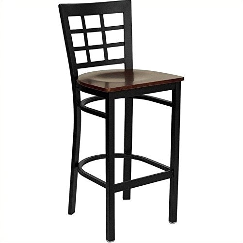 Flash Furniture HERCULES Series Black Window Back Metal Restaurant Barstool - Mahogany Wood Seat