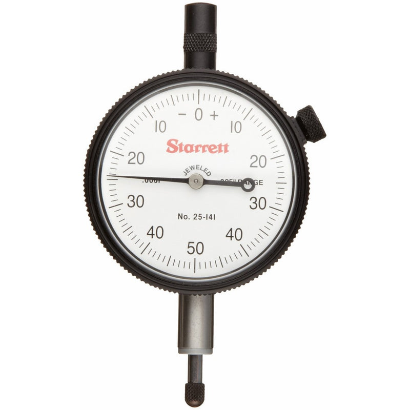 Starrett 25-141J Dial Indicator, 0.375" Stem Dia., Lug-on-Center Back, White Dial, 0-50-0 Reading, 0-0.25" Range, 0.001" Graduation