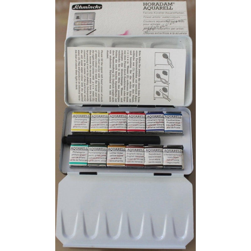 Schmincke Horadam Aquarell Half-Pan Paint Metal Compact Set with Brush, Set of 12 Colors (74012097)