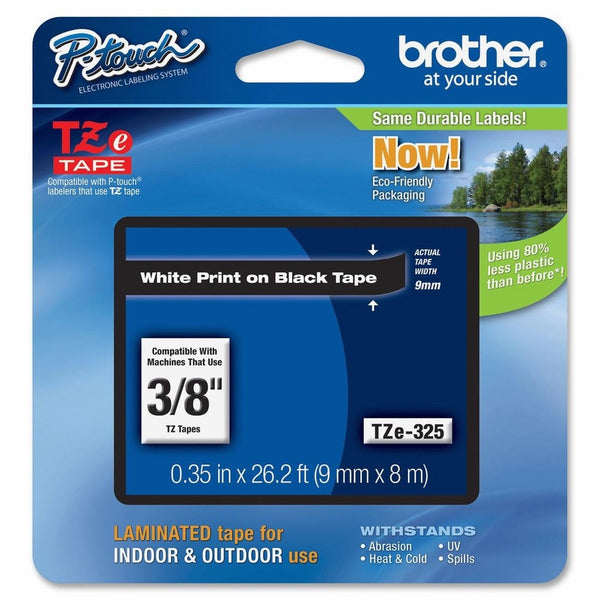 Brother Tape, White on Black, 9mm (TZe325) - Retail Packaging