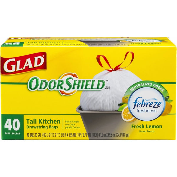 Glad OdorShield Tall Kitchen Drawstring Lemon Trash Bags, 13 Gallon, 40 Count (Packaging May Vary)