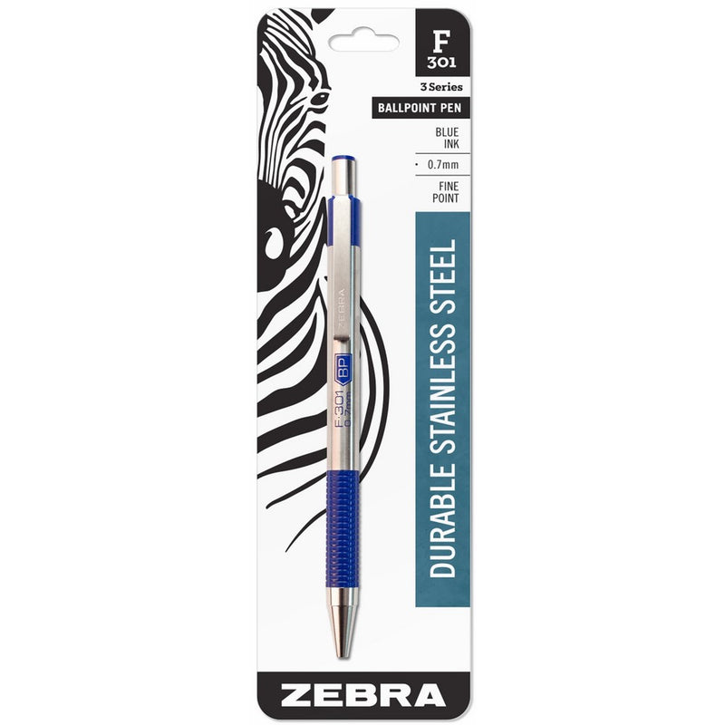 Zebra F-301 Ballpoint Stainless Steel Retractable Pen, Fine Point, 0.7mm, Blue Ink, 1-Count