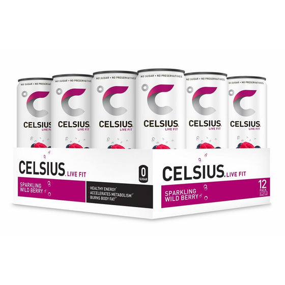 CELSIUS Sparkling Wild Berry Fitness Drink, ZERO Sugar, 12oz. Slim Can, 12 Pack