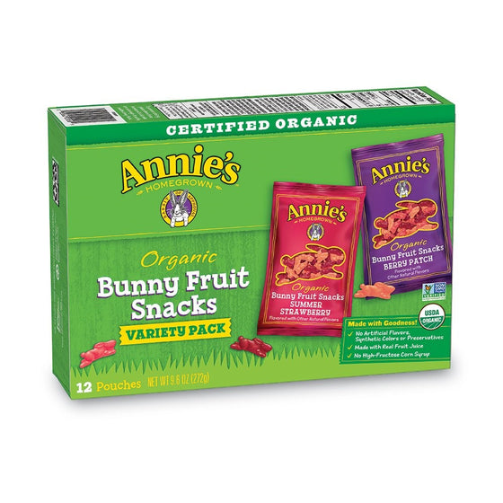 Annie's Organic Bunny Fruit Snacks, Variety Pack, 12 Pouches, 9.6 oz Box