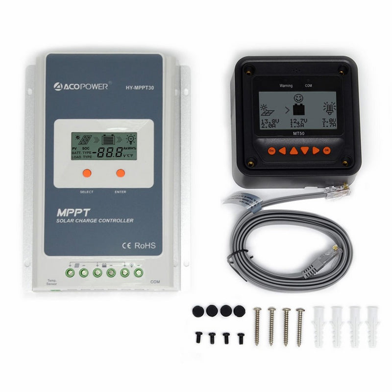 ACOPOWER 30A MPPT Solar Charge Controller 100V input HY-MPPT Series HY-MPPT30 MT-50 Solar Charge LCD Display