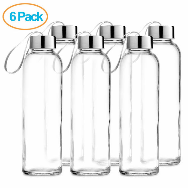 Chef's Star Glass Water Bottle 6 Pack 18oz Bottles For beverages and Juicer Use Stainless Steel leak proof Caps With Carrying Loop - Including 6 Black Nylon Protection Sleeve