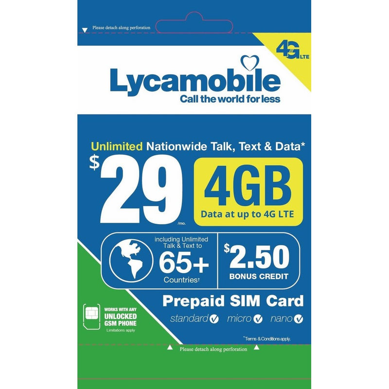 Lycamobile $29 Plan 1st Month Included SIM Card is Triple Cut Unlimited Natl Talk & Text to US and 65 Countries 4GB Of 4G LTE
