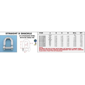 316 Stainless Steel Straight D Shackle 15/32" (no snag pin) (S0115-NS12)