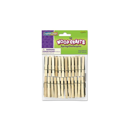 Creativity Street 365801 Wood Spring Clothespins, 3 3/8 Length, 50 Clothespins/Pack