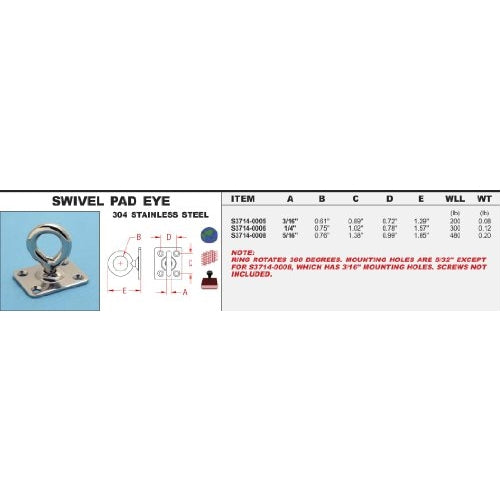 304 Stainless Steel Swivel Pad Eye 3/16" (S3714-0006)