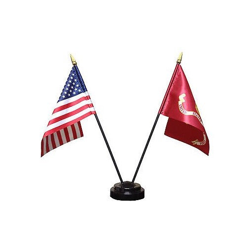 Miniature U.S. Marine Corps and American Flag Desk Set (black base)