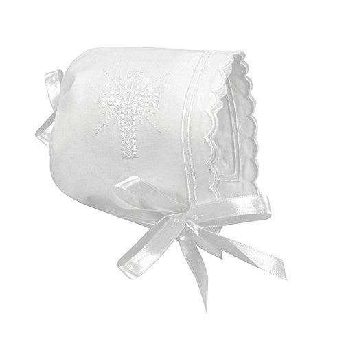 Stephan Baby Keepsake Cutwork Handkerchief Christening Bonnet with Scalloped Hem, White