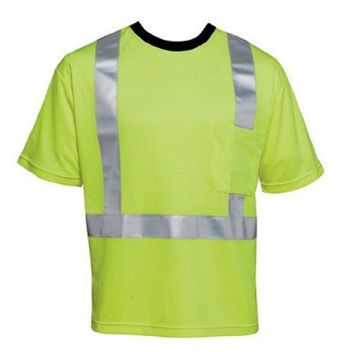Liberty HiVizGard Polyester Open Weave Mesh Class 2 T-Shirt with 2" Wide Silver Reflective Stripes and 1 Pocket, Small, Fluorescent Lime Green