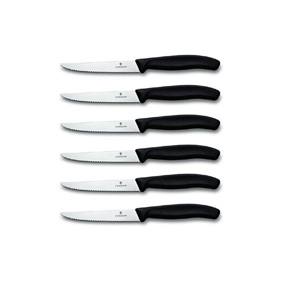 Victorinox Swiss Spear Tipped Stainless Steel Steak Knife with Black Fibrox Handle, Set of 6