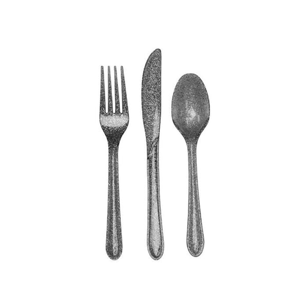 24-Piece Glitz Premium Plastic Cutlery Assortment, Silver Glitter