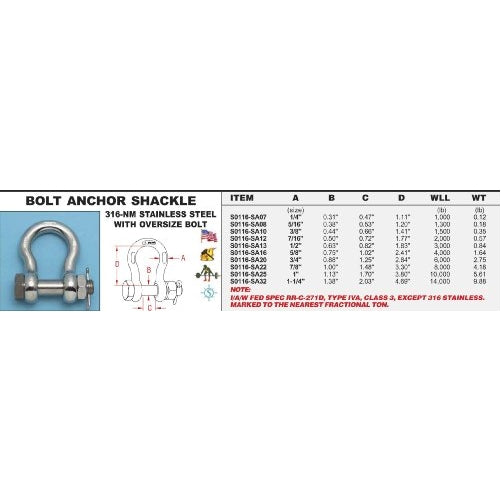 316-NM Stainless Steel Bolt Anchor Shackle w/ Oversize Bolt 5/8" (S0116-SA16)