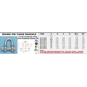 316-NM Stainless Steel Round Pin Chain Shackle w/ Oversize Round Pin 1/4" (S0115-RP07)