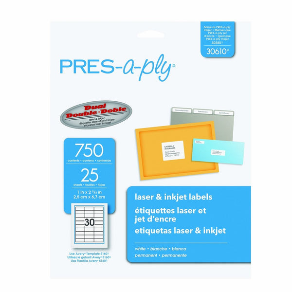 Pres-a-ply Laser Label, 1 x 2.625 Inches, White, Box of 750 (30610)