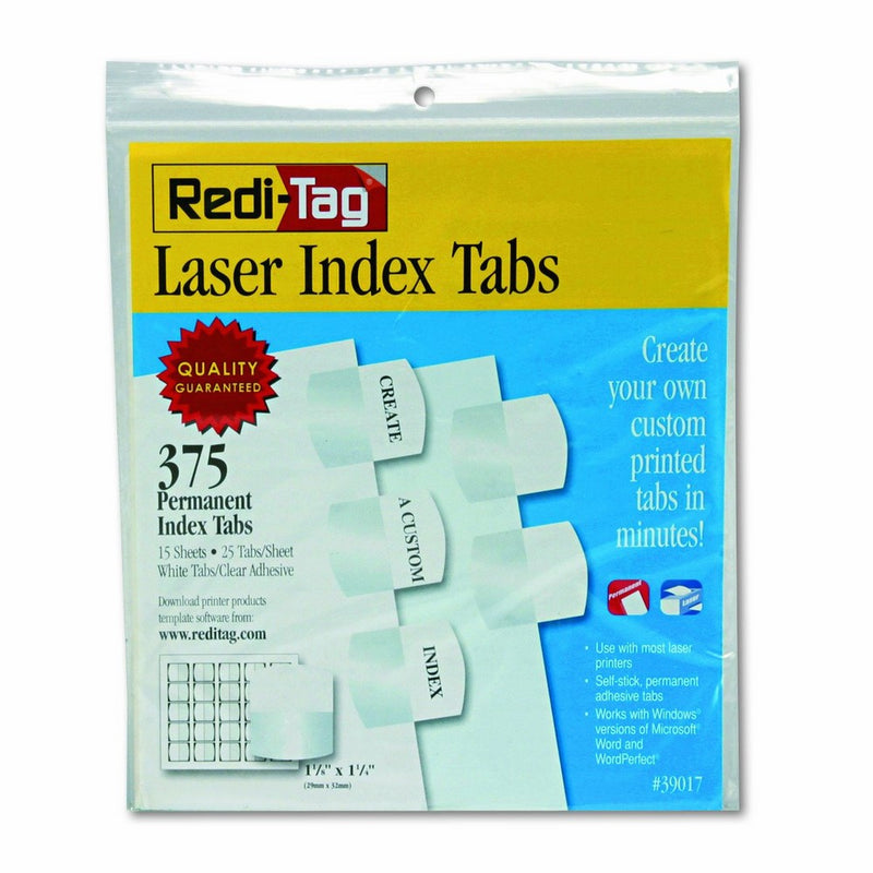 Redi-Tag Laser Printable Index Tabs, Permanent Adhesive, 1-1/8 x 1-1/4 Inches, Bulk Packed, 375 Tabs per Pack, White (39017)