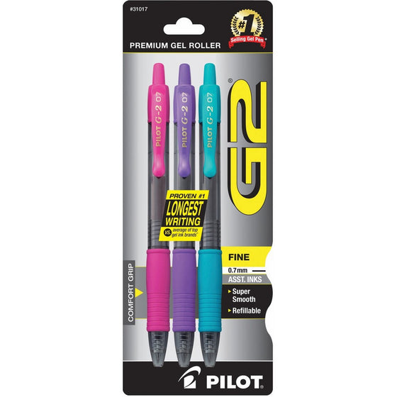 Pilot G2 Retractable Premium Gel Ink Roller Ball Pens, Fine Point, 3-Pack, Assorted Colors, Pink/Purple/Turquoise (31017)