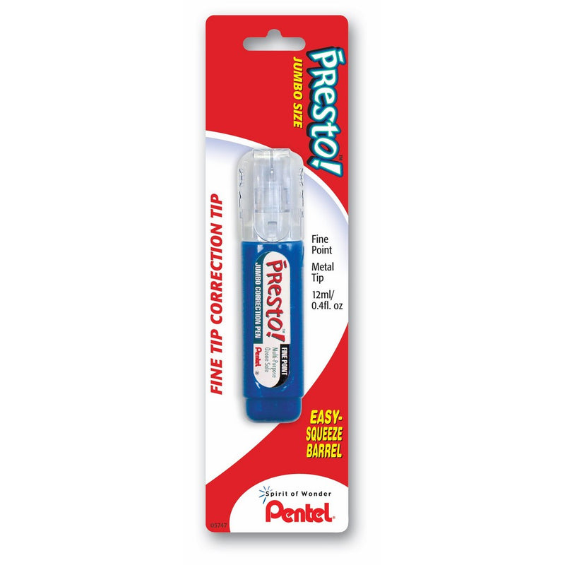 Pentel Presto Jumbo Correction Pen, Fine Point, Metal Tip, White, 12 ml, 1 Pack (ZL31WBP-K6)