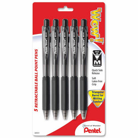 Pentel WOW! Retractable Ballpoint Pens, Medium Line, Black Ink, 5 Pack(BK440BP5A)