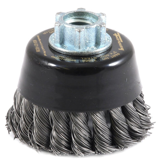 Forney 72866 Wire Cup Brush, Industrial Pro Twist Knot with 5/8-Inch-11 and M14-by-2.0 Multi Arbor, 3-Inch-by-.020