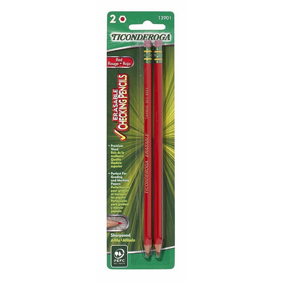 Dixon Ticonderoga Erasable Checking Pencils, Eraser Tipped, Pre-Sharpened, Red (13901) (1-Pack of 2)