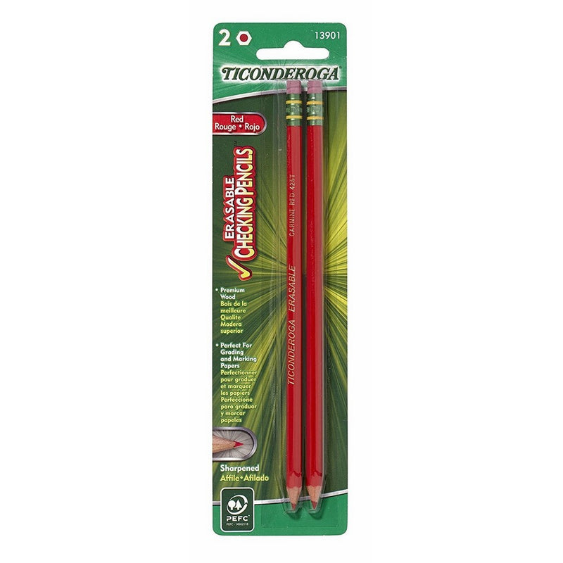 Dixon Ticonderoga Erasable Checking Pencils, Eraser Tipped, Pre-Sharpened, Red (13901) (1-Pack of 2)