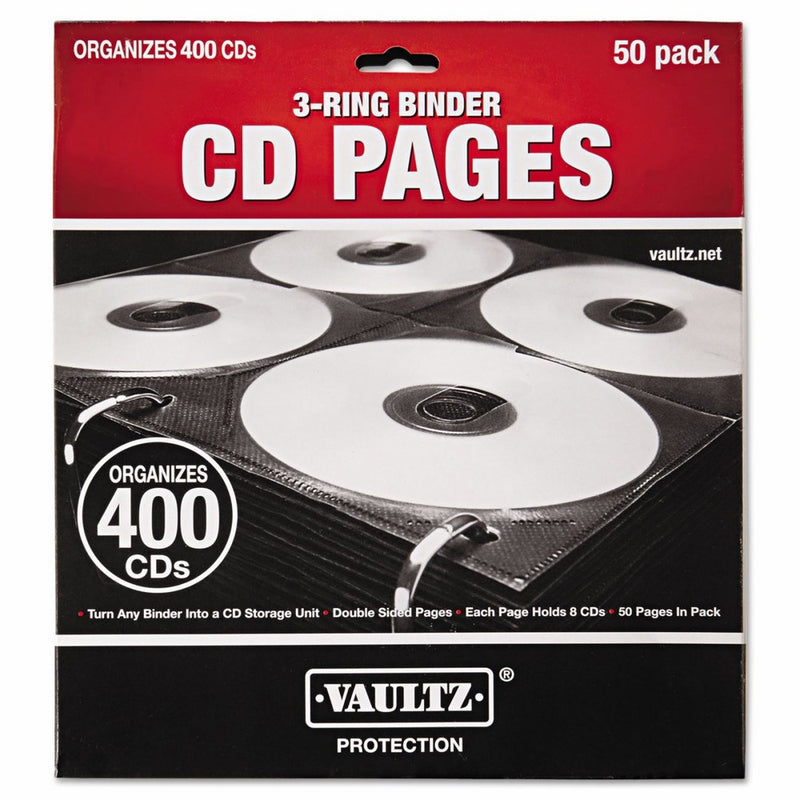 Vaultz CD Insert Pages, 3 Hole Punched, 12 x 11 Inches, 8 CDs/Page, 50 Pages/Pack, Black (VZ01415)