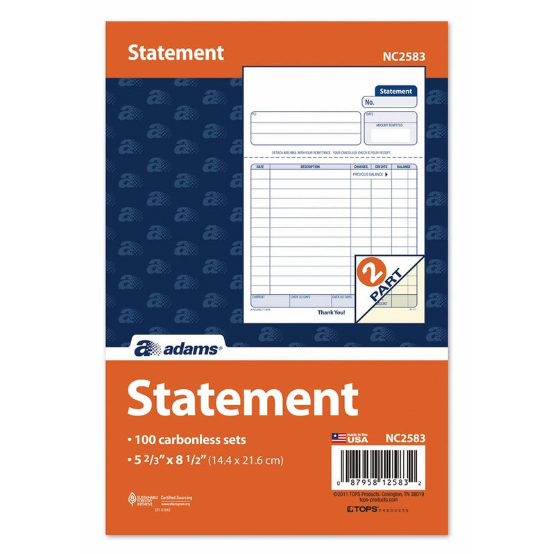 Adams Statement Unit Sets, 5.67 x 8.5 Inches, 2-Part, Carbonless, White/Canary, 100 Sets per Pack (NC2583)