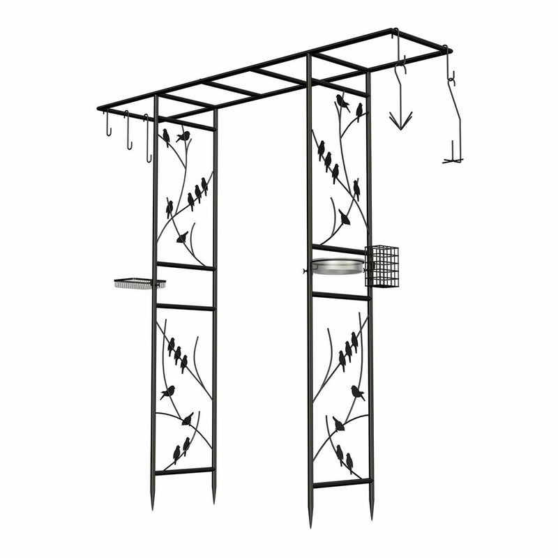 Panacea 83145 Garden Arbor and 10-Piece Bird Feeding Station with Accessories, Perching Birds Design, 84-Inch Height, Black