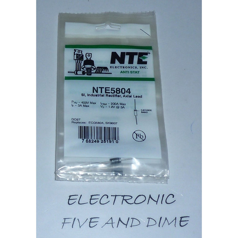 NTE Electronics NTE5804 Silicon Axial Lead Standard Recovery Rectifier, 3 Amp Current Rating, DO27, 400V