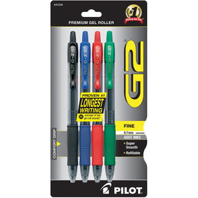 Pilot G2 Retractable Premium Gel Ink Roller Ball Pens, Fine Point, 4-Pack, Assorted Colors, Black/Blue/Red/Green (31034)