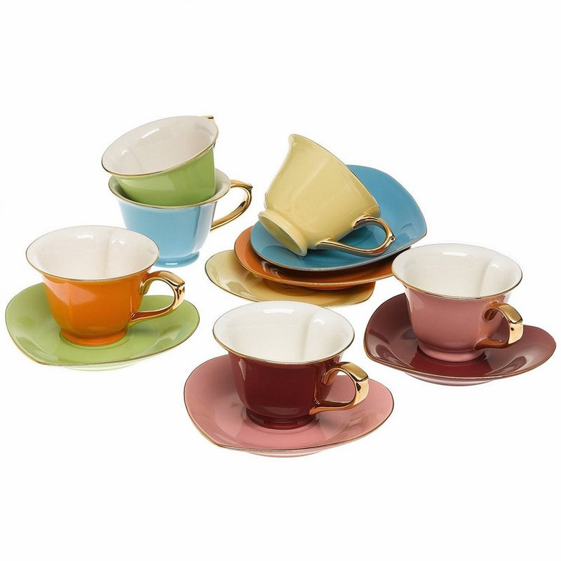 Tea and Coffee Cups with Saucers (Set of 6) by Classic Coffee & Tea|Charming, Inside Out Heart Shaped Cups Saucers|Fine Porcelain In 6 Colors with Gold Plated Ends & Handles|Great Gift Idea|6.5 oz