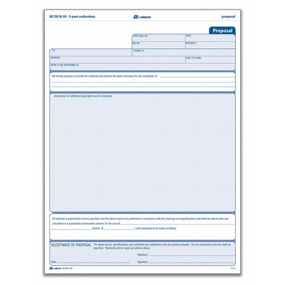 Adams Proposal Unit Form, 3 Part, Carbonless, 8.5 x 11.44 Inches, 50 Sets per Pack, White and Canary and Pink (NC3818-50)