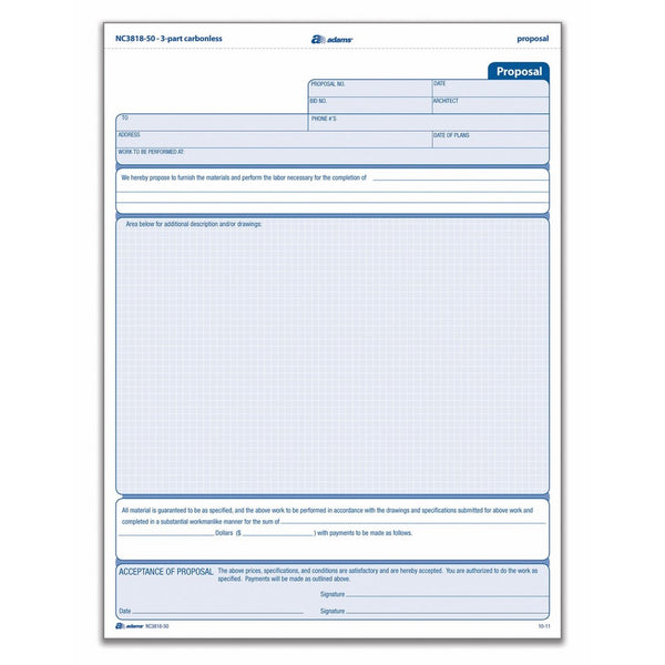 Adams Proposal Unit Form, 3 Part, Carbonless, 8.5 x 11.44 Inches, 50 Sets per Pack, White and Canary and Pink (NC3818-50)