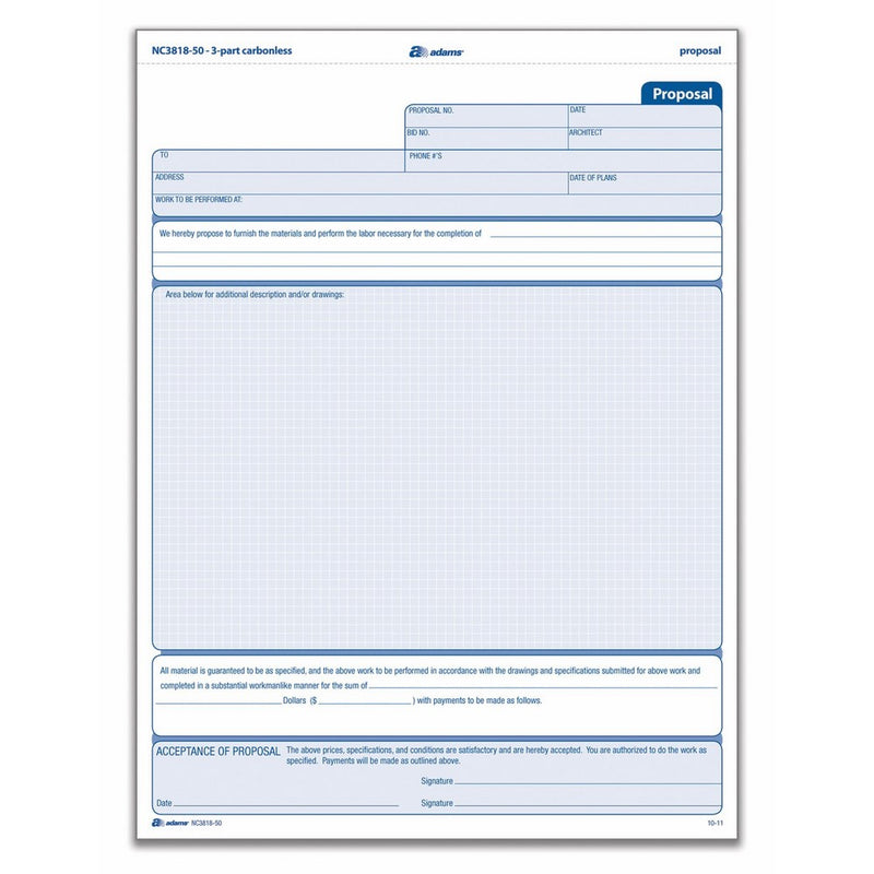 Adams Proposal Unit Form, 3 Part, Carbonless, 8.5 x 11.44 Inches, 50 Sets per Pack, White and Canary and Pink (NC3818-50)