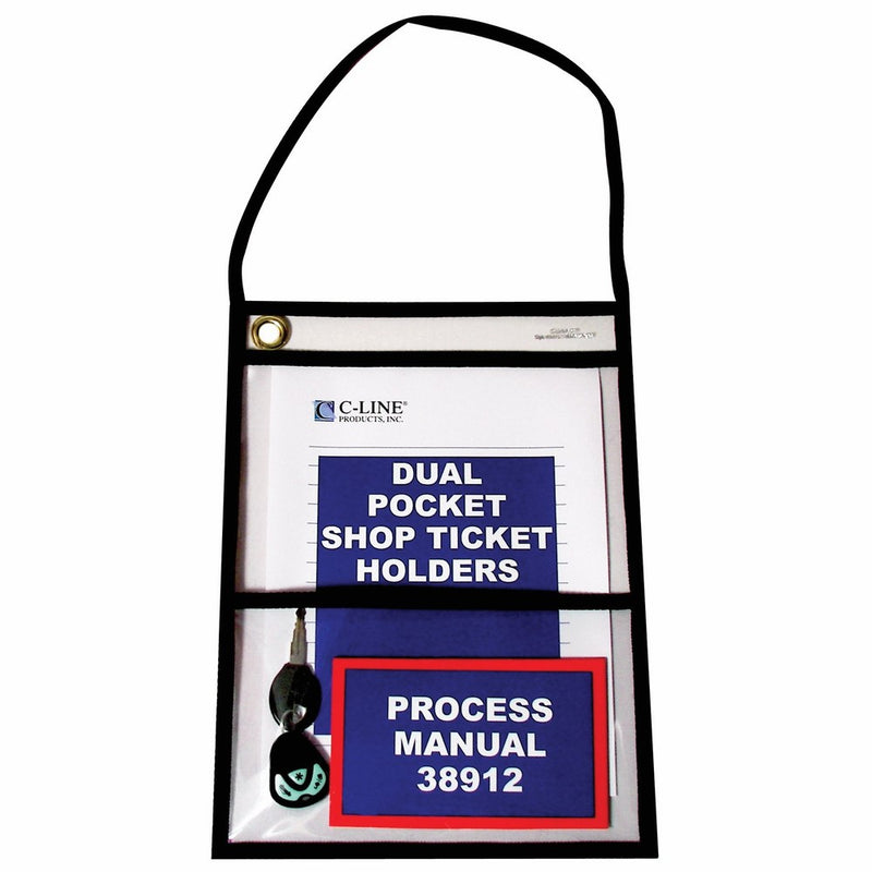 C-Line Stitched Dual Pocket Shop Ticket Holder with Hanging Strap, Both Sides Clear, 9 x 12 Inches, 15 per Box (38912)