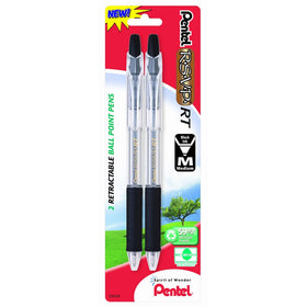 Pentel R.S.V.P. RT New Retractable Ballpoint Pen, Medium Line, Black Ink, 2 Pack(BK93BP2A)