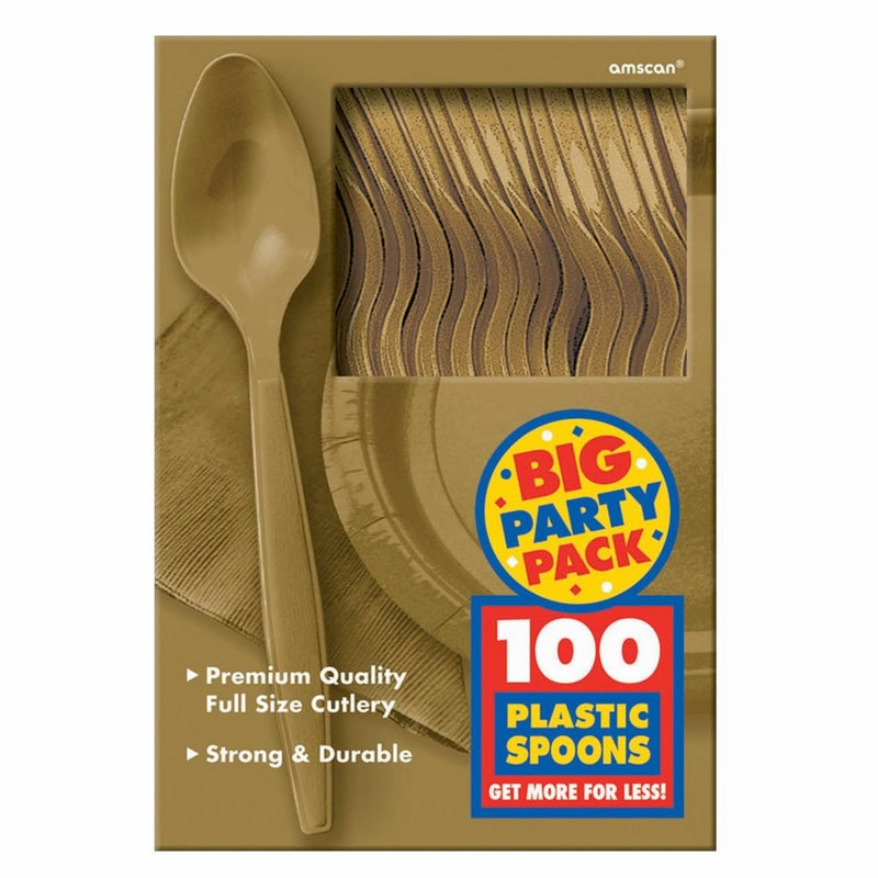 Amscan SPN MD WT BOX GOLD BPP Plastic Spoons, Gold, 7.3" X 5"