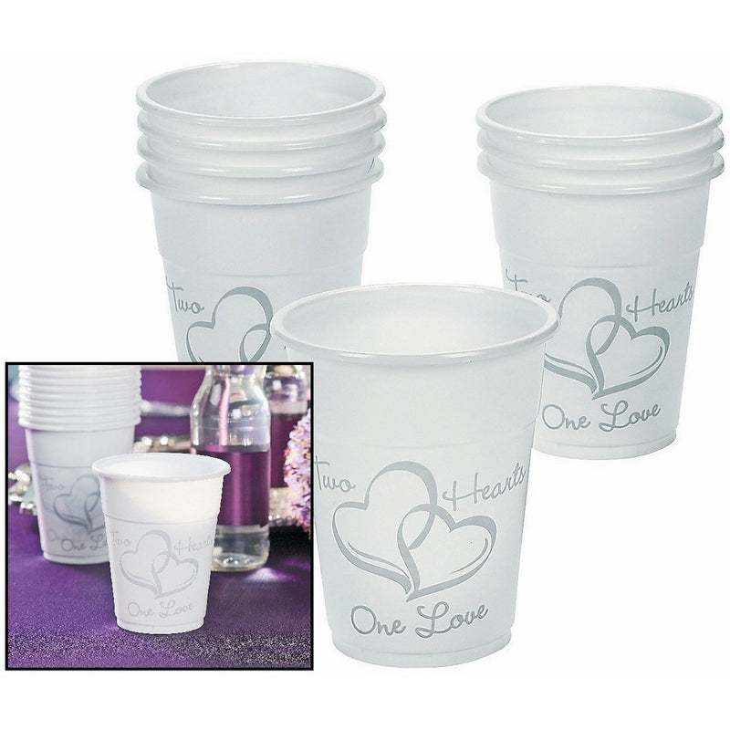 Lot of 50 Plastic Disposable Two Hearts Wedding Cups 16oz