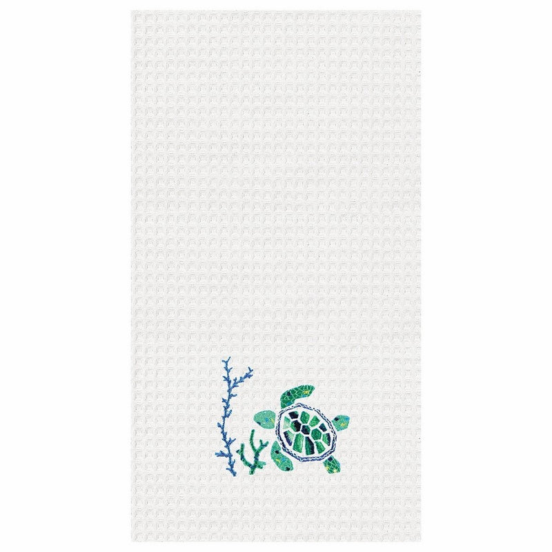 Coastal Green Sea Turtle in Coral Cotton Kitchen Towel